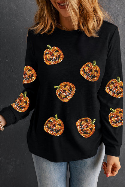 Halloween Sequin Pumpkin Face Pullover Long Sleeve Top | Black