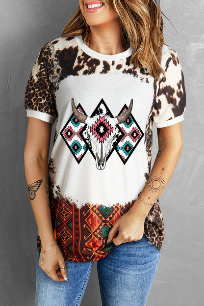 Western Aztec Steer Head Bleached Round Neck T Shirt | Dark Brown