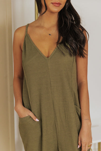 Textured Sleeveless V-Neck Pocketed Casual Jumpsuit | Green