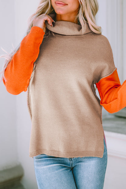 Colour Block Turtle Neck Drop Shoulder Knit Sweater | Khaki