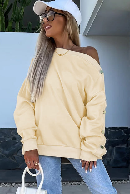 Buttoned Sleeve Dropped Shoulder Sweatshirt | Beige