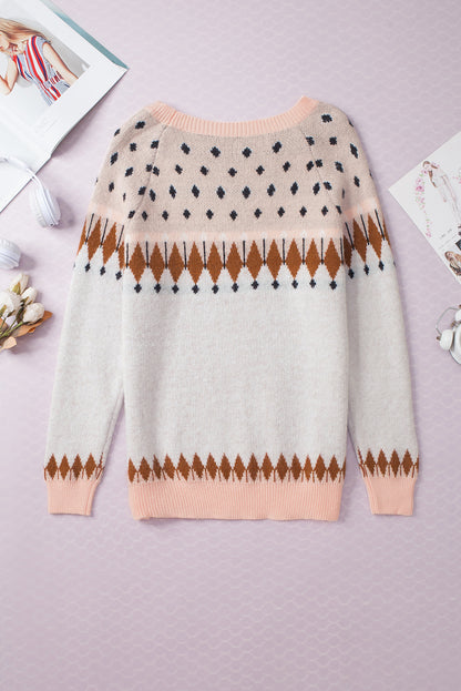 Mixed Geometric Detail Raglan Sleeve Sweater | Multicolour