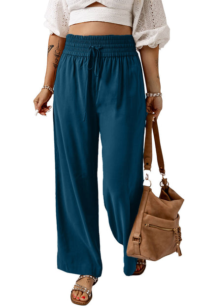 Drawstring Elastic Waist Casual Wide Leg Pants | Blue