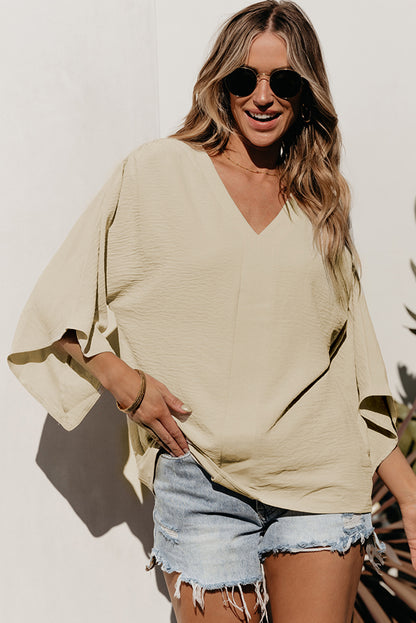 Solid V Neck Wide Sleeve Crinkled Blouse | Parchment