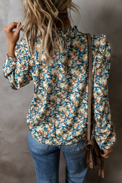 Floral Print Frilled Mock Neck Puff Sleeve Blouse | Sky Blue