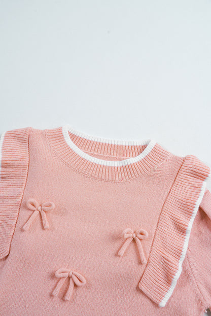 Ruffled Bowknot Ribbed Trim Long Sleeve Sweater | Light Pink