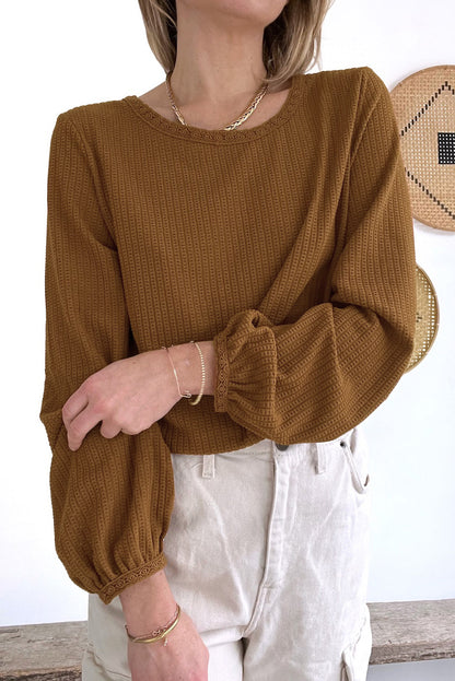 Textured Round Neck Puff Sleeve Top | Brown