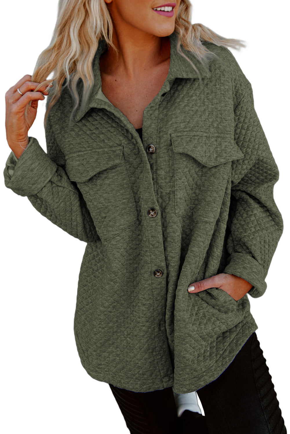 Retro Quilted Flap Pocket Button Shacket | Green