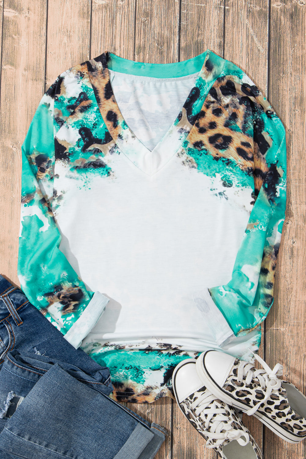 Leopard Tie Dye Western Long Sleeve Top | Light Blue