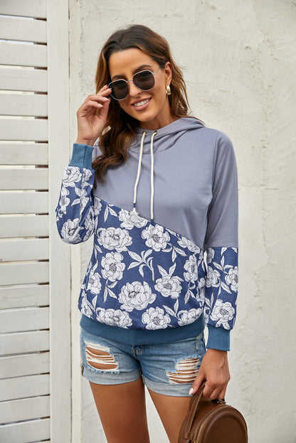 Floral Splicing Cowl Neck Hoodie | Gray