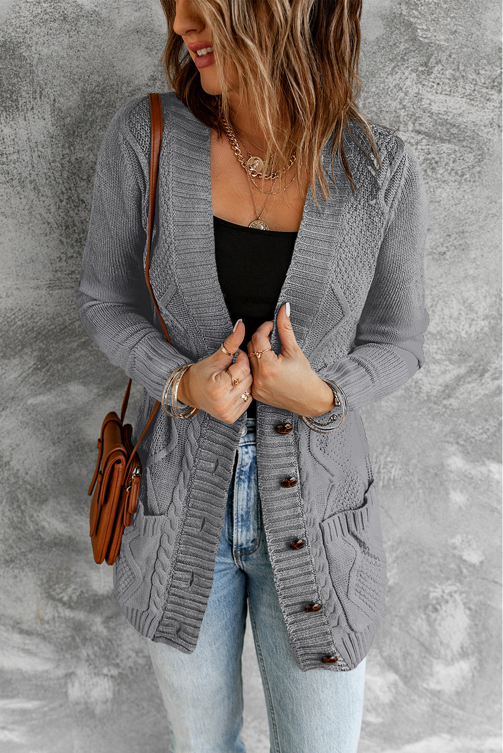 Dark Gray Front Pocket and Buttons Closure Cardigan