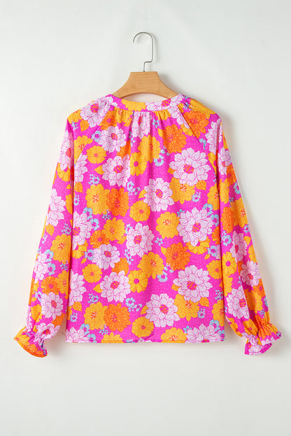 Floral Print Flounce Sleeve Notched Neck Blouse | Rose