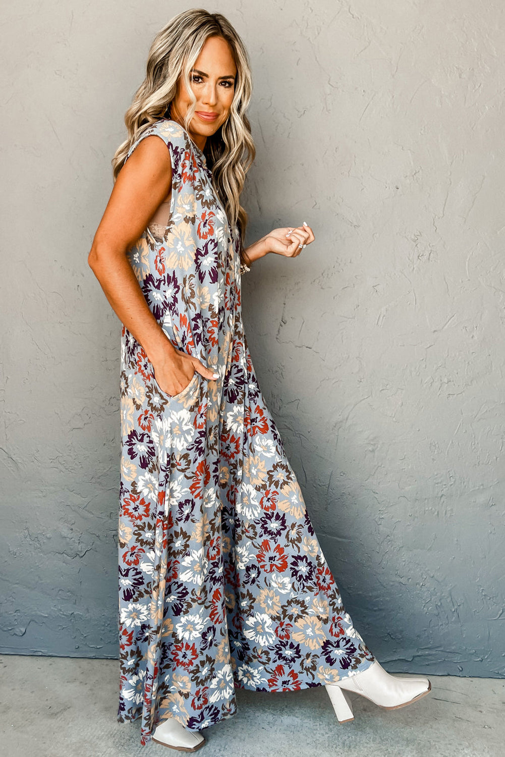 Floral Sleeveless Buttoned Pocketed Wide Leg Jumpsuit | Sky Blue