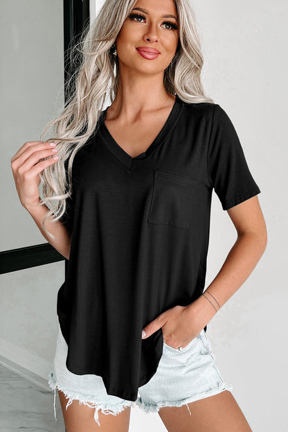 V Neck Pocketed Rounded Hem Tee | Black