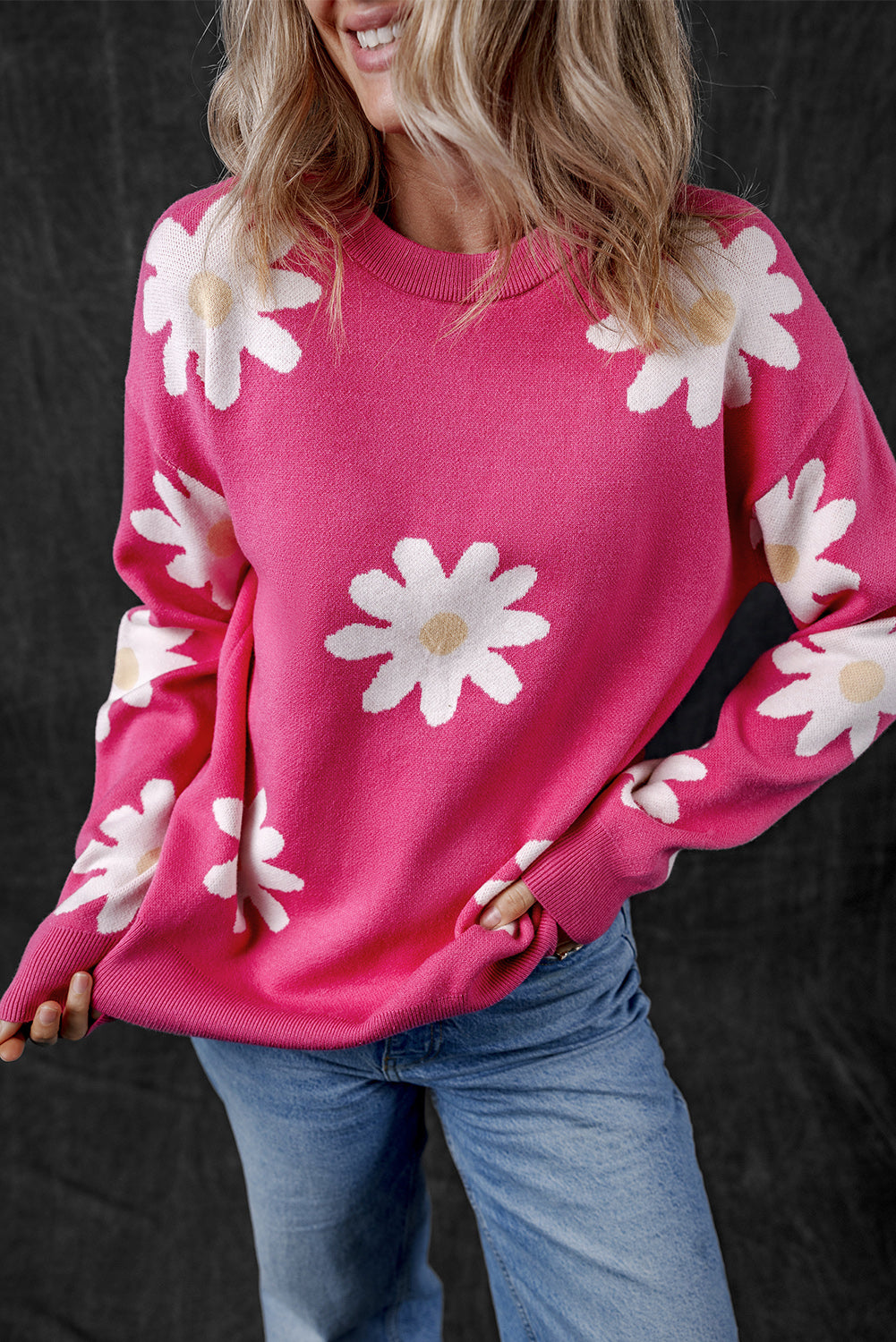 Daisy Flower Crew Neck Long Sleeve Sweater | Bright Pink