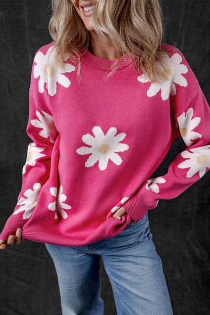 Daisy Flower Crew Neck Long Sleeve Sweater | Bright Pink