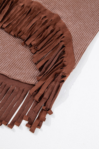 Waffle Knit Fringed High Low Loose Top | Coffee