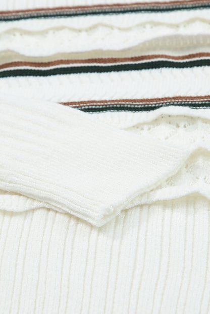 Striped Ribbed Scalloped Detail Knit Sweater | White