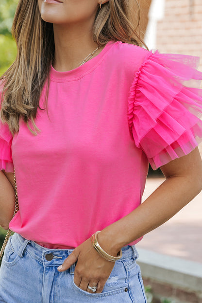 Tulle Ruffle Sleeve Blouse | Pink