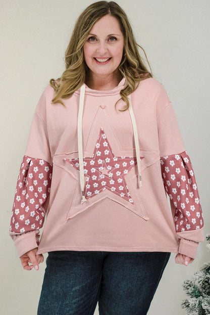 Star Patch Graphic Floral Colour Block Drawstring Plus Size Hoodie | Delicacy