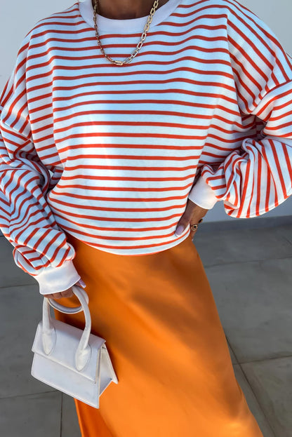 Drop Shoulder Crew Neck Loose Sweatshirt | Orange Stripe