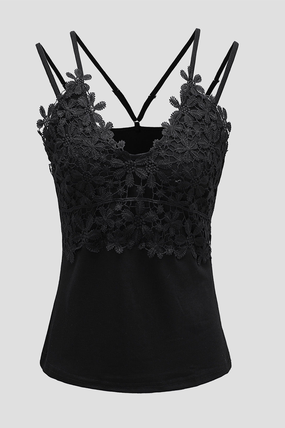 Lace Overlay Strappy Hollow-Out Tank Top | Black