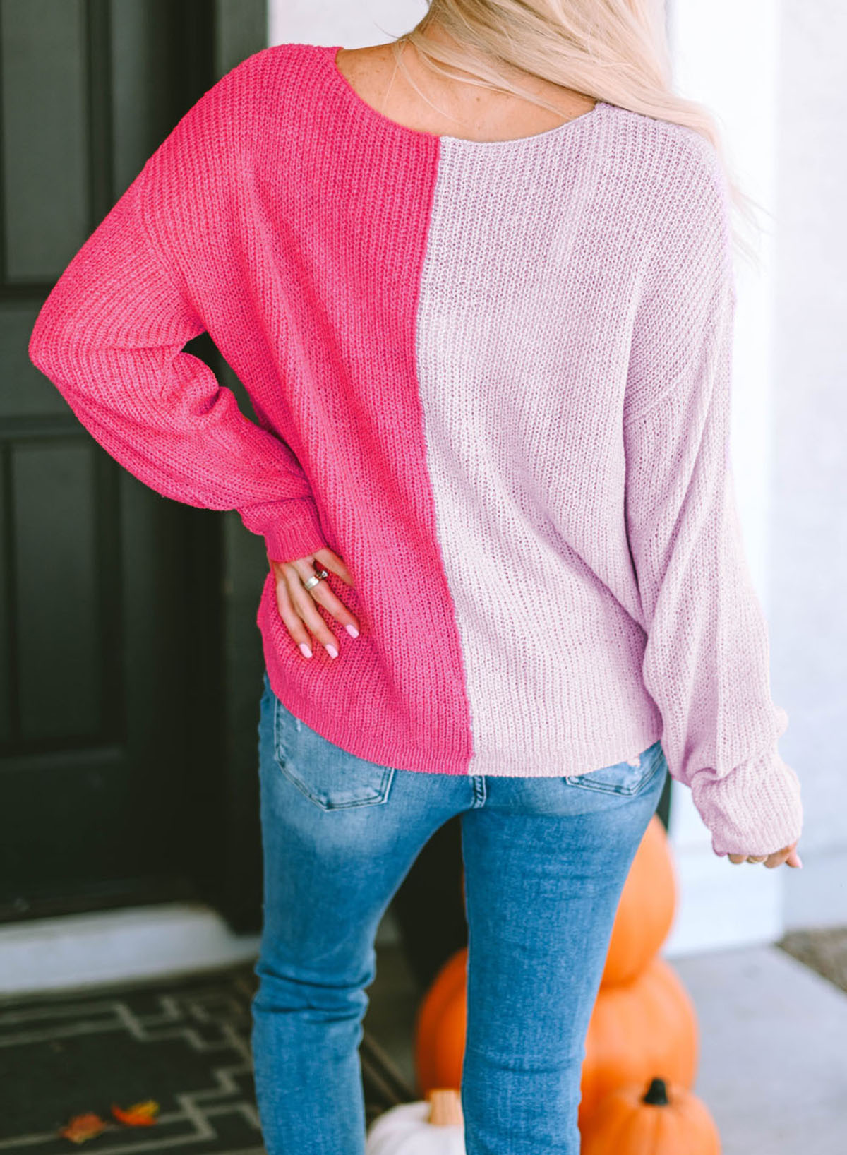 Long Sleeve V-Neck Colourblock Sweater | Pink