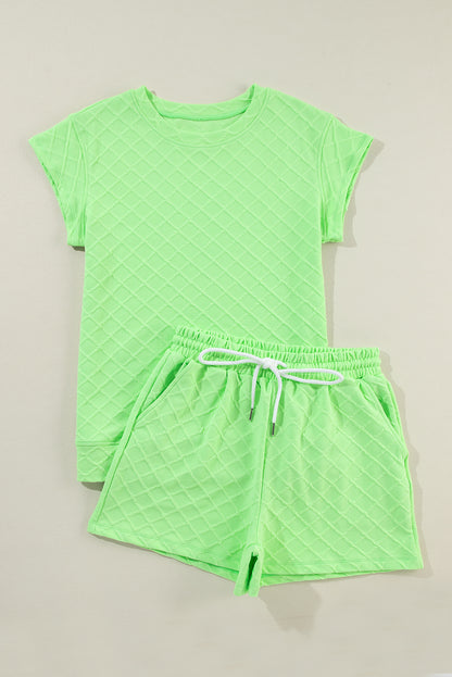 Checkered Textured Tee And Drawstring Shorts | Light Green