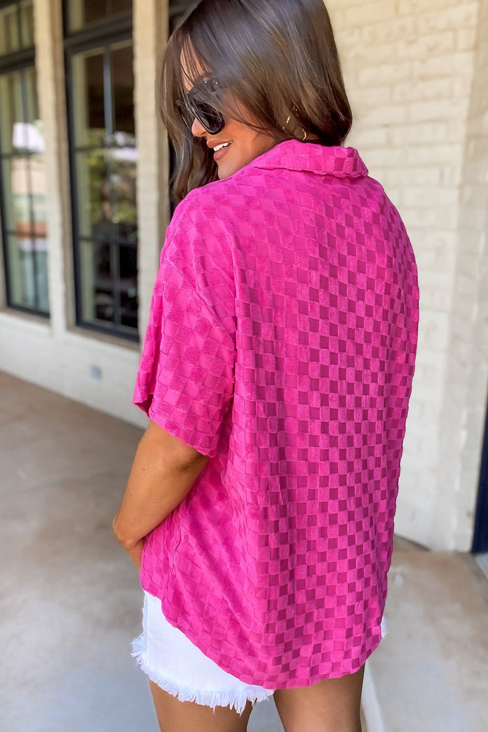 Lapel Neck Checkered Textured Short Sleeve Shirt | Bright Pink