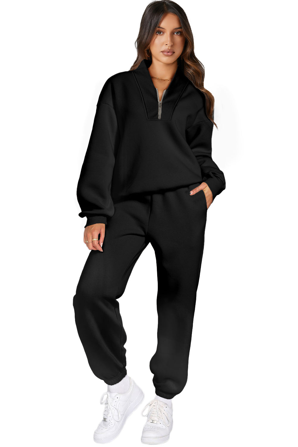 Plain Half Zip V Neck Ribbed Edge Loose Tracksuit | Black