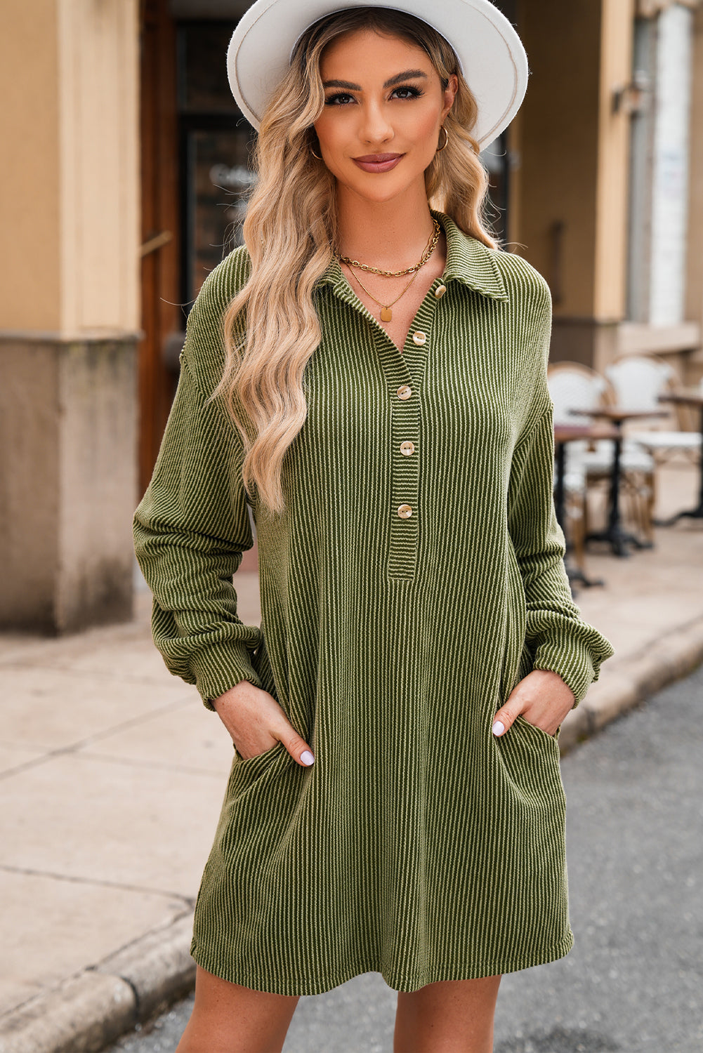 Corded Buttons Placket Drop Shoulder Collared Shift Dress | Moss Green