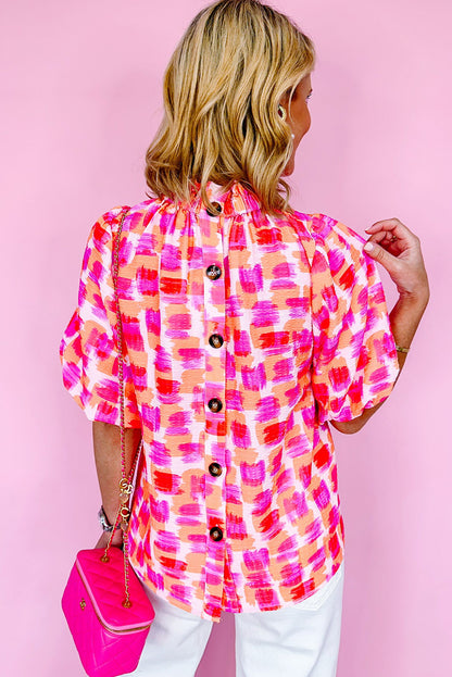 Abstract Print Button Back Ruffed High Neck Blouse | Pink