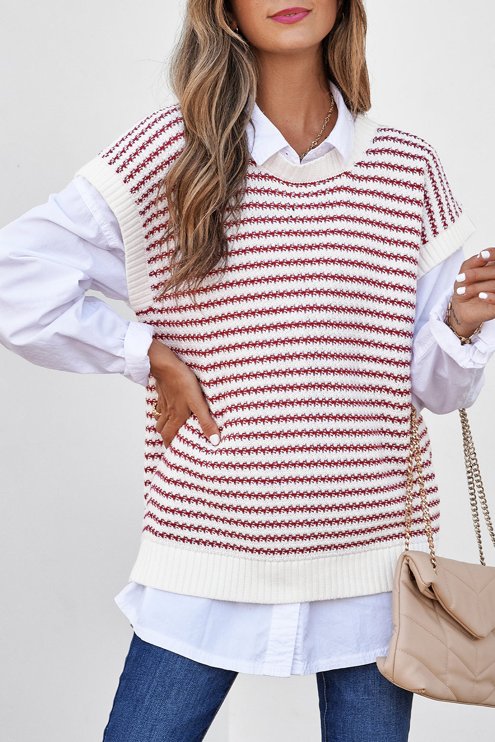 Ribbed Trim Loose Fit Knitted Sweater Vest | Red Stripe