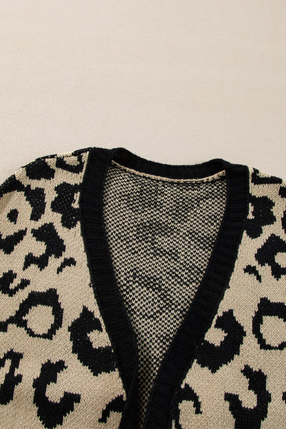 Stripe Sleeve Leopard Print Open Front Cardigan With Pockets | Black