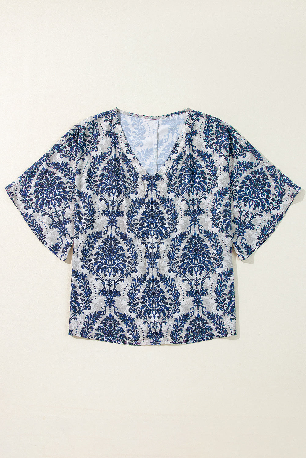 Vintage Flower Tree Quarter Sleeve V Neck Blouse | Blue