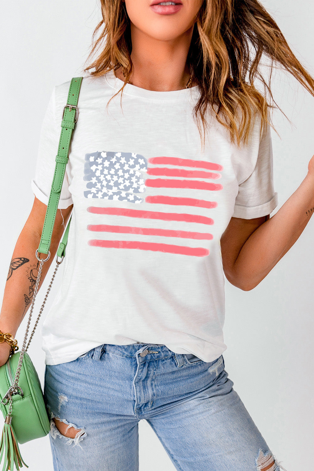 American Flag Pattern Crew Neck Short Sleeve Tee | White