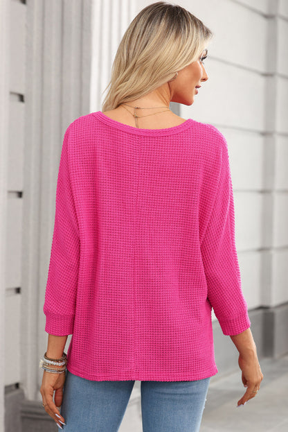 Textured Center Seam Long Sleeve Split Top | Rose Red