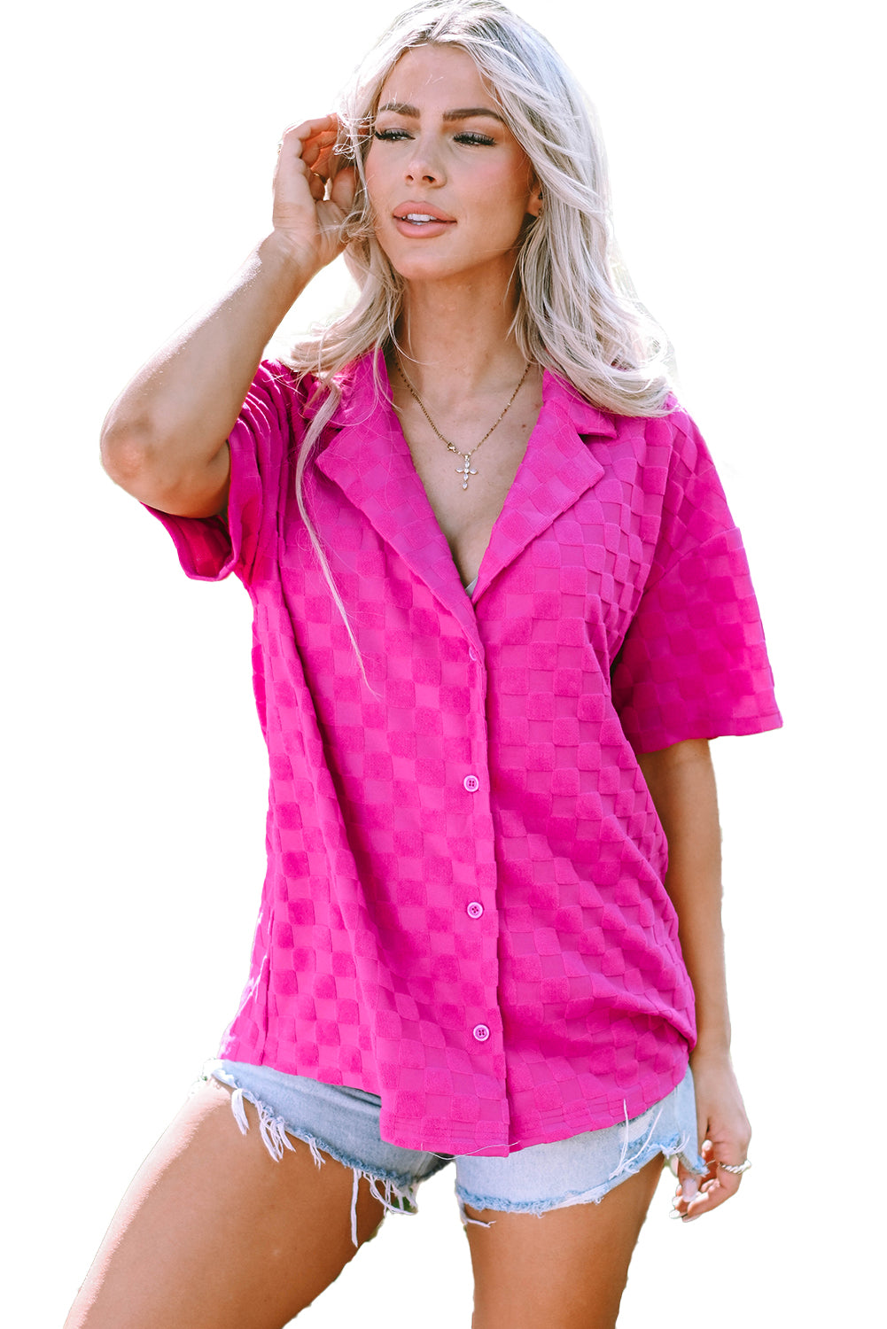 Lapel Neck Checkered Textured Short Sleeve Shirt | Bright Pink