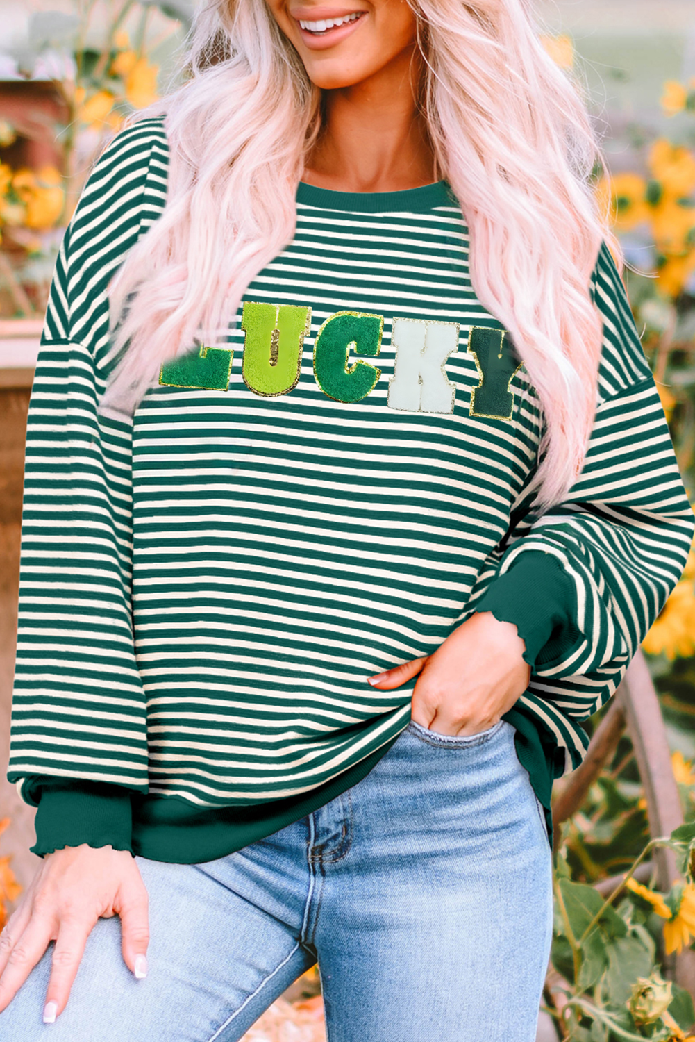 Chenille Lucky Patched Pattern St Patrick Long Sleeve Top | Green Stripe