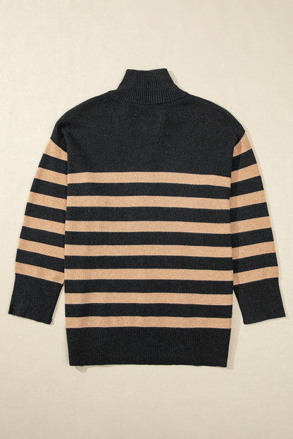 Collared Quarter Zipper Oversized Sweater | Black Stripe