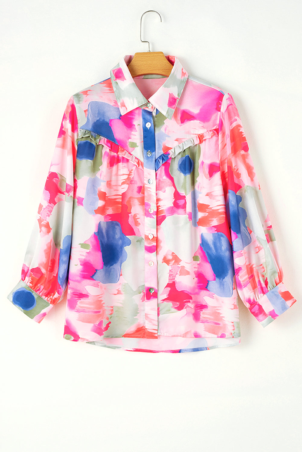 Abstract Printed Lantern Sleeve Frilled Button Front Collared Shirt | Multicolour