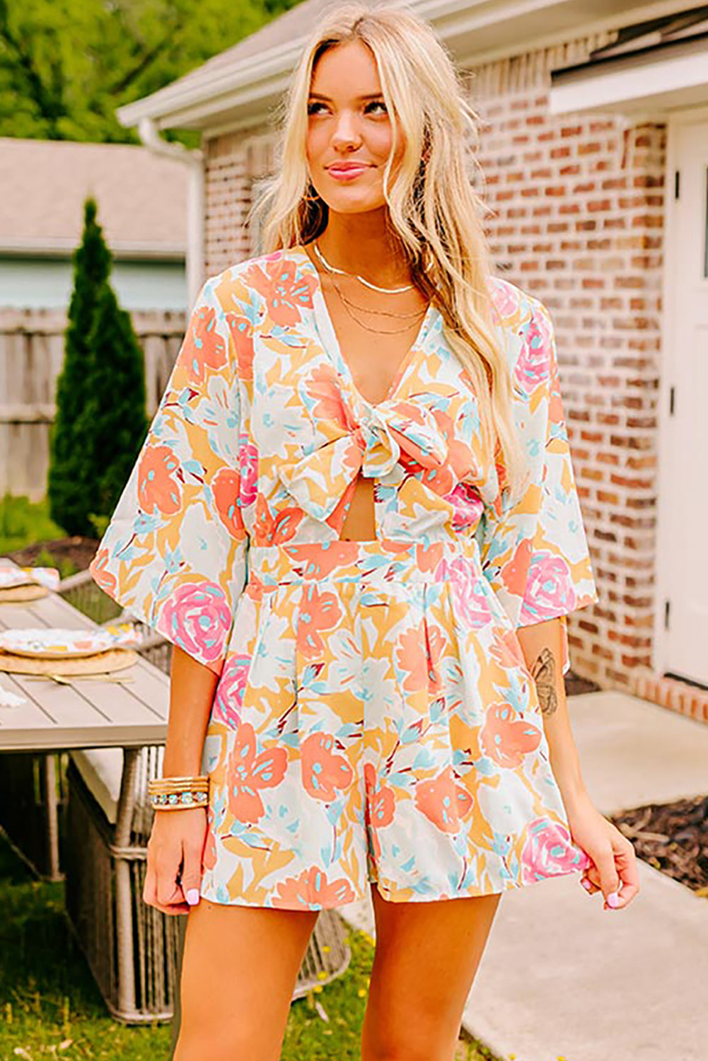 Blooming Floral Print Front Tie Romper | Orange