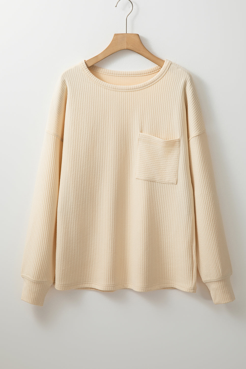 Solid Colour Corded Drop Shoulder Long Sleeve Top | Apricot