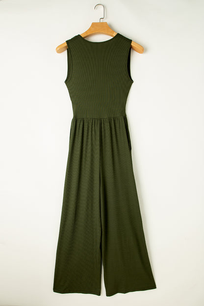 Sleeveless V Neck Ruched Wide Leg Jumpsuit | Moss Green