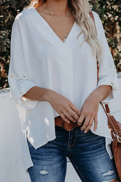 V Neck 3/4 Sleeve High Low Hem Shirt | White