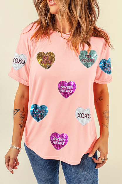 Sequin Valentines Lettering Heart Patched Crewneck T Shirt | Pink