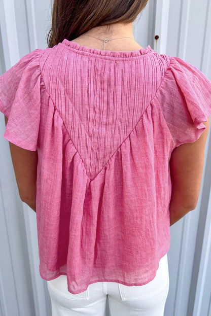 Textured Split Neck Patchwork Flutter Gauze Blouse | Bright Pink