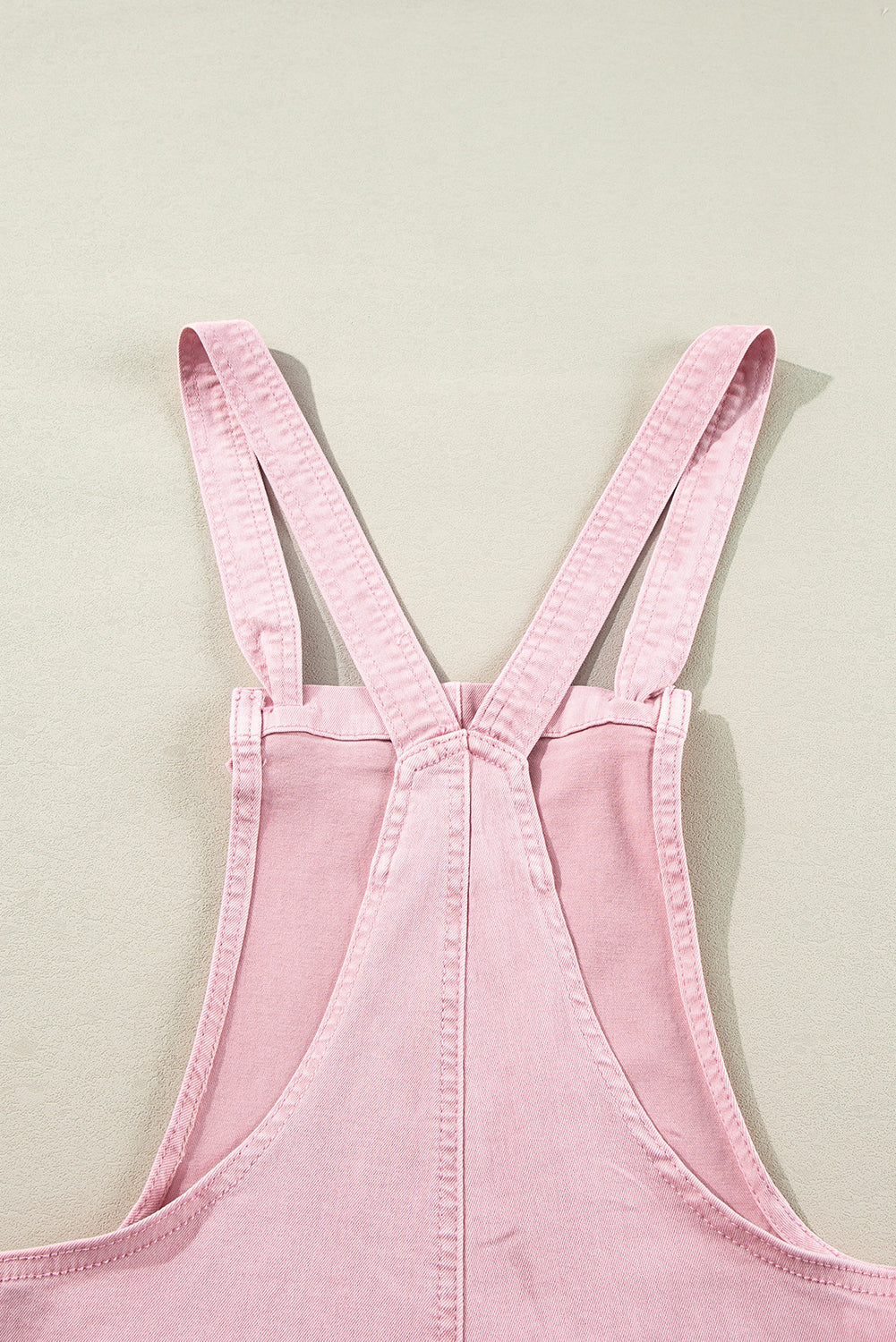 Solid Colour Knot Straps Denim Romper With Pockets | Pink