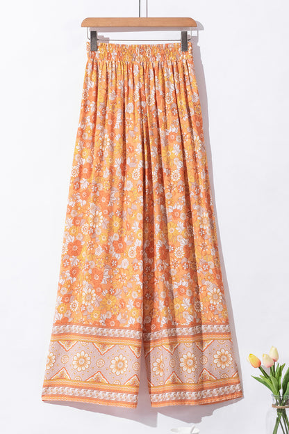 Tie Waist Boho Floral Wide Leg Pants | Grapefruit Orange