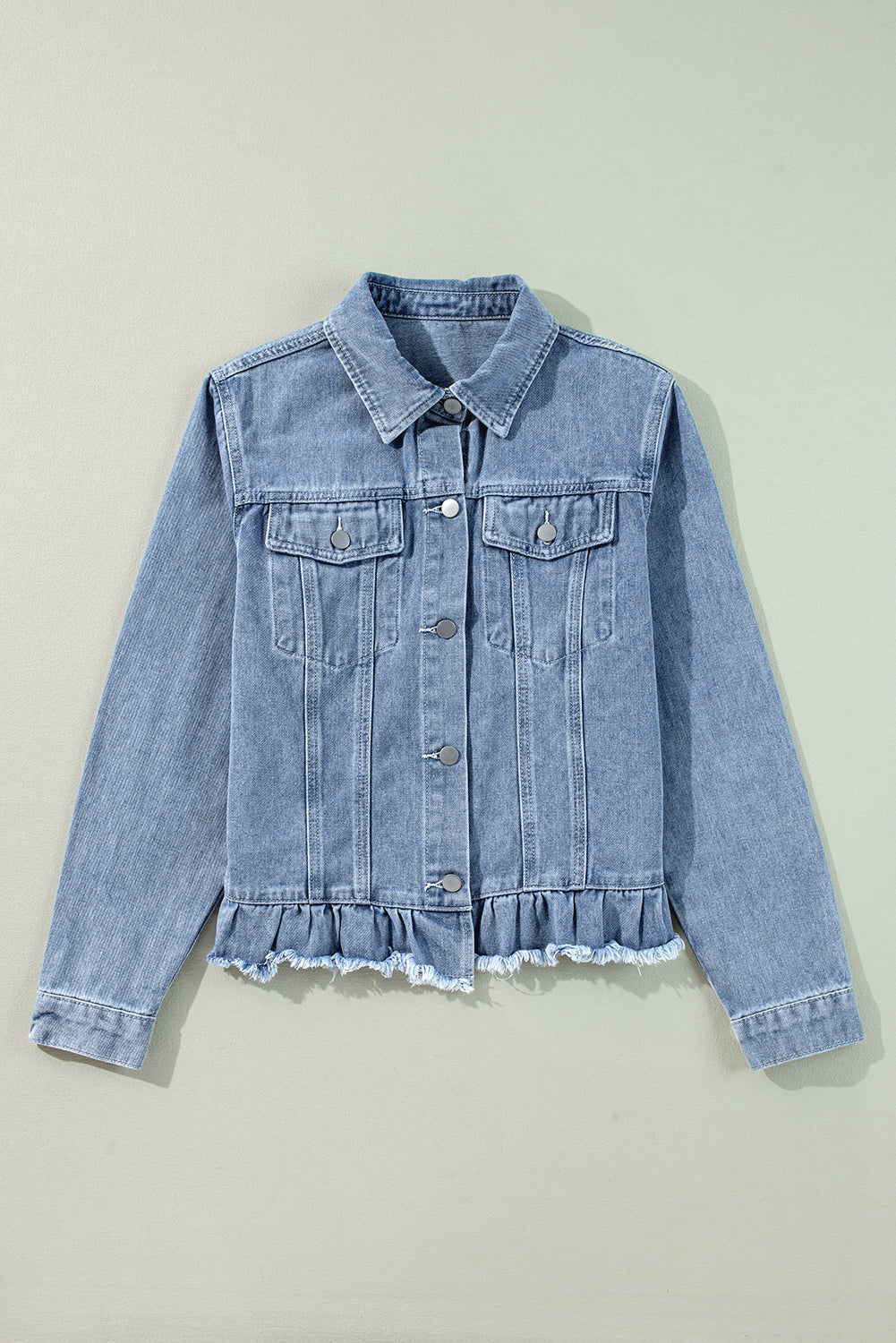 Ruffle Raw Hem Flap Pockets Denim Jacket | Beau Blue